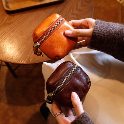 Retro Handmade Leather Coin Wallet Earphone Bag