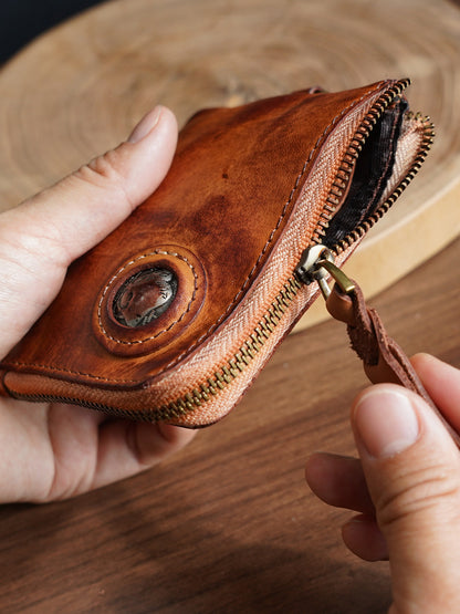 Retro Handmade Leather Zipper Wallet Coin Bag