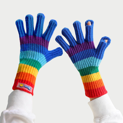 Retro Woolen Rainbow Striped Couple’s Touch Screen Gloves