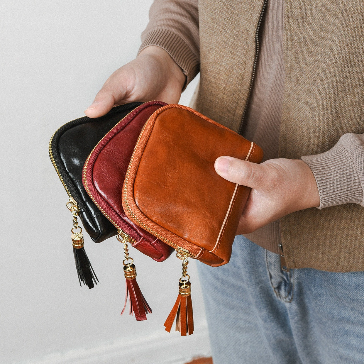 Retro Handmade Leather Zipper Card Wallets