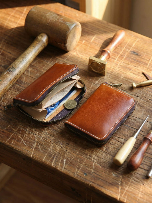 Retro Handmade Leather Zipper Wallet Card Holder