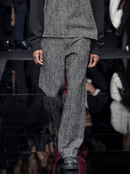 Herringbone Tweed Pants Men's Straight Casual Pants