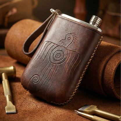 Retro Handmade Leather Portable Outdoor Travel Liquor Bottle 304 Stainless Steel