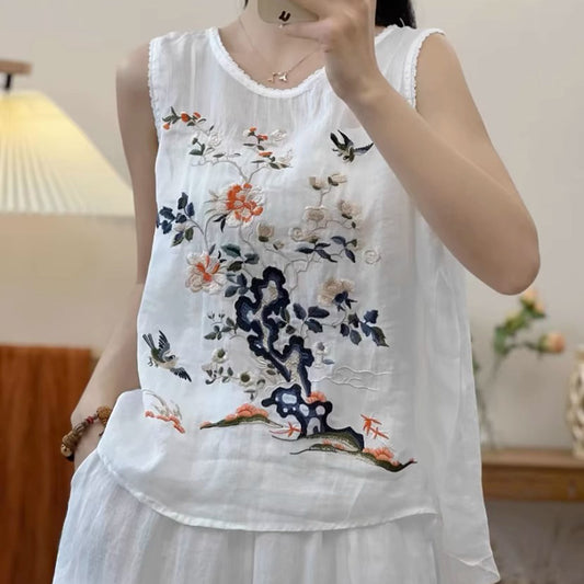 Retro Casual Ramen Flower Embroidered Vest