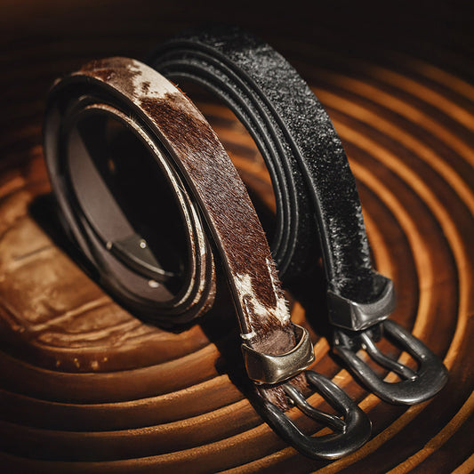 Retro Black Leopard Print Horsehair Genuine Leather Belt