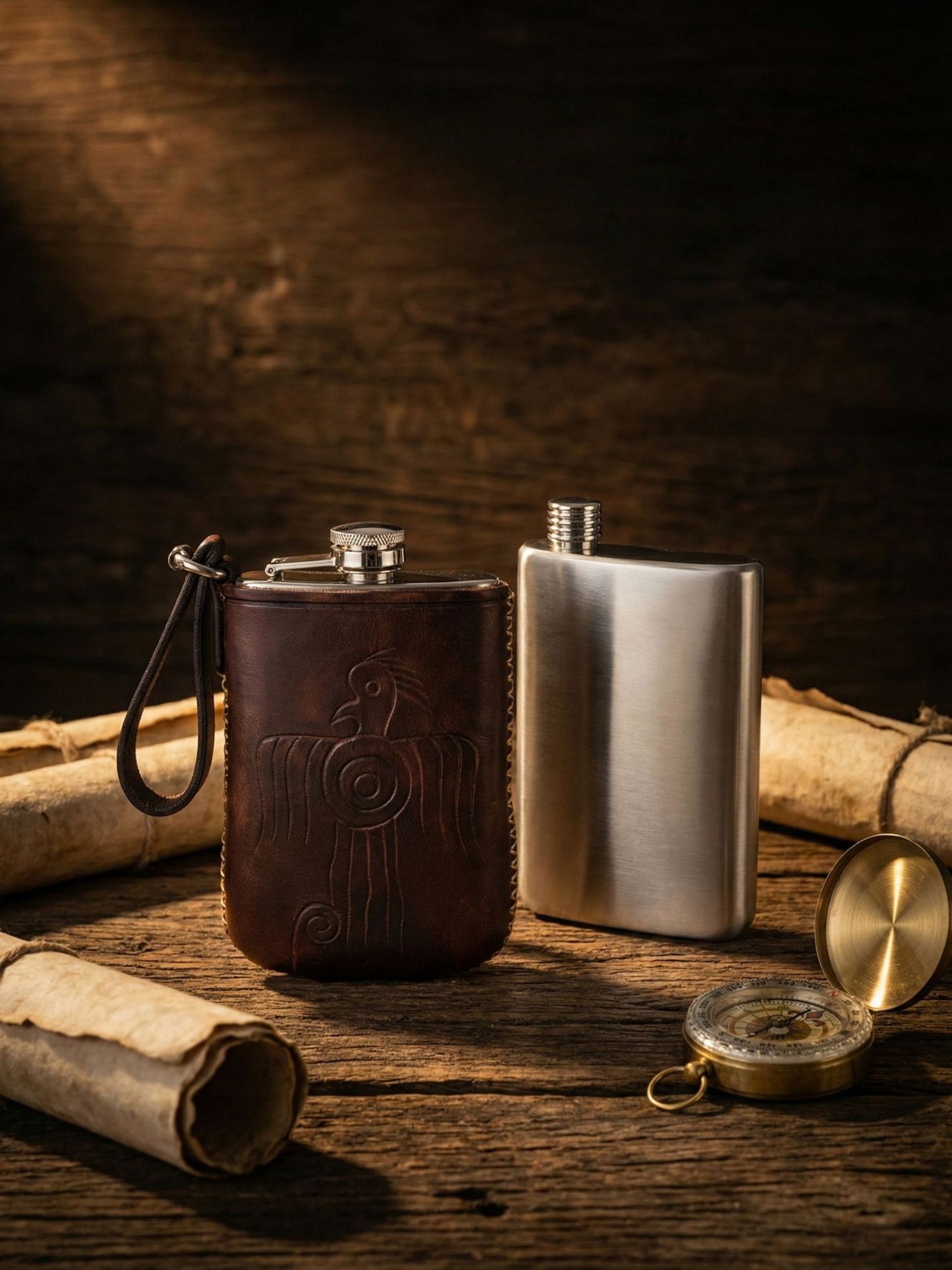 Retro Handmade Leather Portable Outdoor Travel Liquor Bottle 304 Stainless Steel
