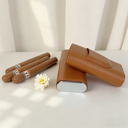 3-Cigar Genuine Leather Cigar Box with Top Hygrometer Display, Portable with Hygrometer Dial and Cedar Wood Lining