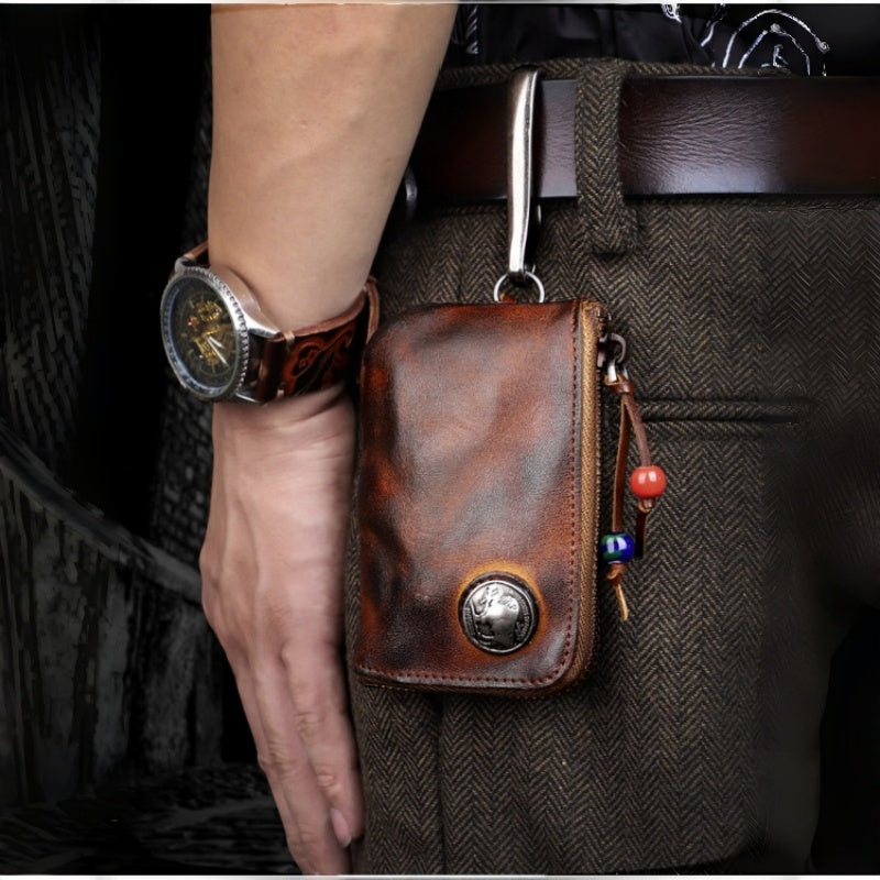 Men's genuine leather key case, vintage distressed vegetable-tanned cowhide coin purse