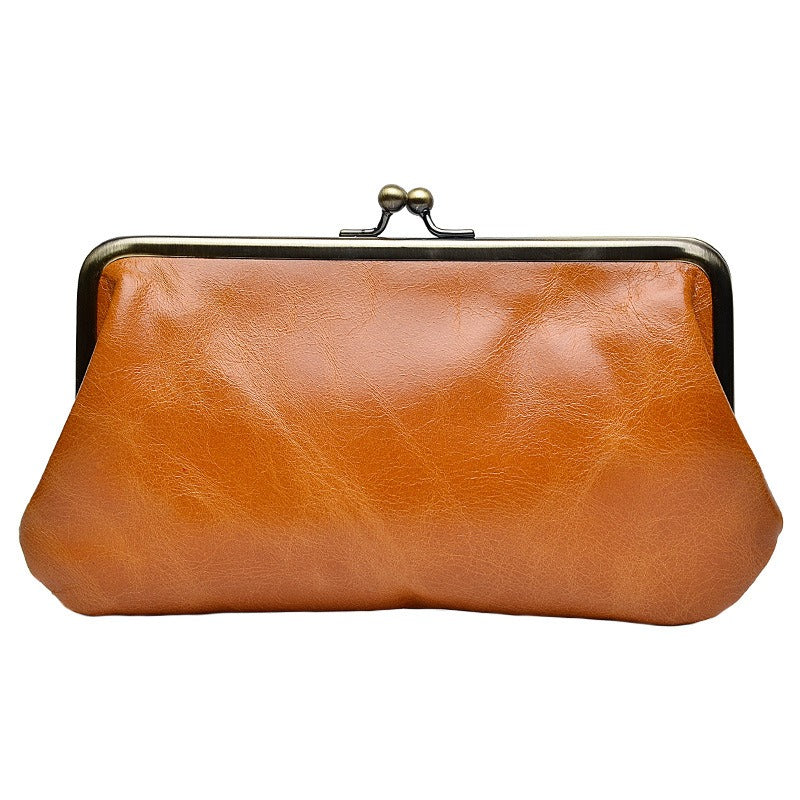 Vintage Oil Waxed Leather Clip Purse Clutch Bag