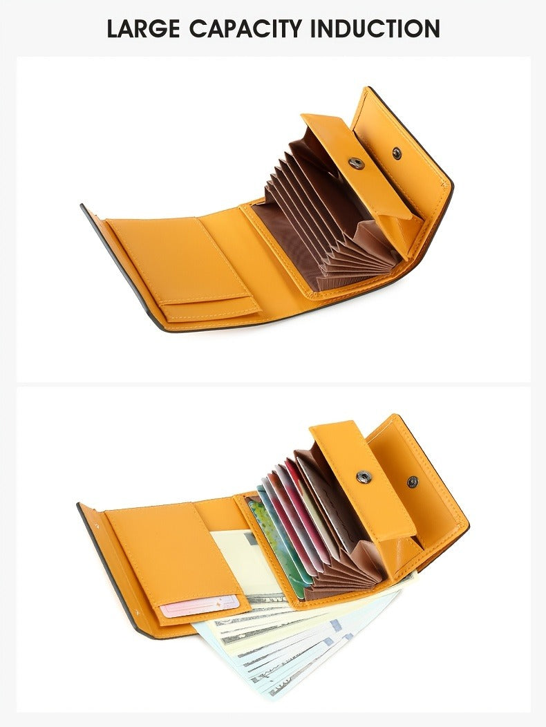 A Minimalist Tri-Fold Wallet in Black, Featuring a Business Style, Ultra-Thin Foldable Design, Secure Card Slots, And a Snap Closure