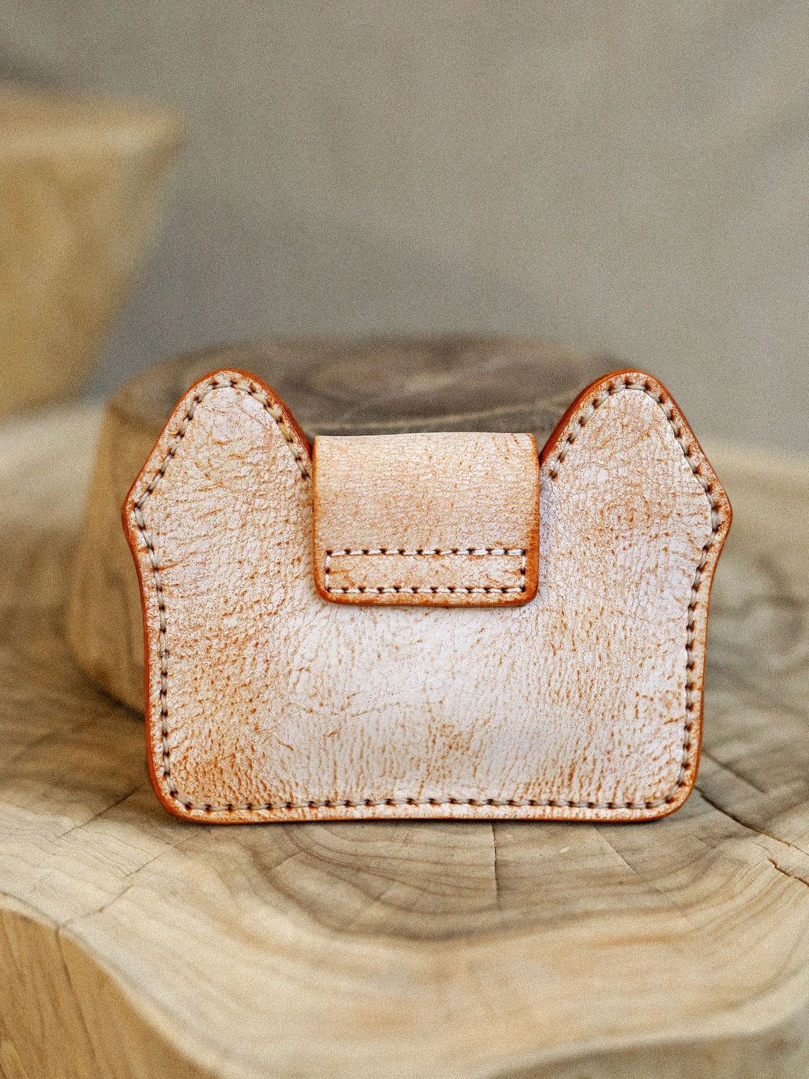 Vintage Handmade Leather Kitten Card Holder Storage Bag