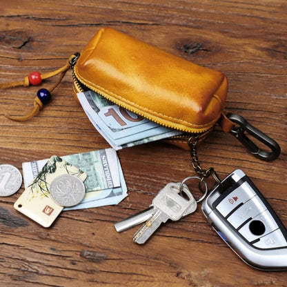 Top-grain Cowhide Vintage Zipper Key Pouch | Genuine Leather Mini Waist Bag