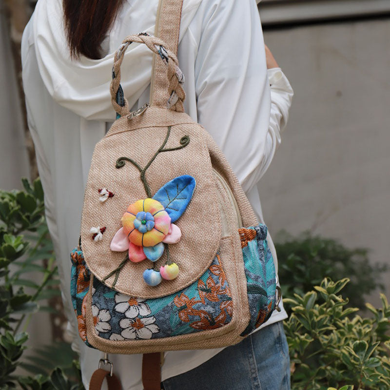 Retro Handmade Flower Canvas Bag Multi-functional Backpack