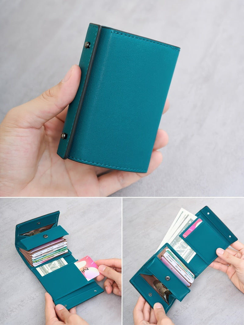 A Minimalist Tri-Fold Wallet in Black, Featuring a Business Style, Ultra-Thin Foldable Design, Secure Card Slots, And a Snap Closure