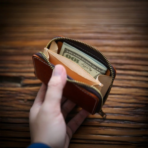 Retro Handmade Leather Zipper Wallet Card Holder