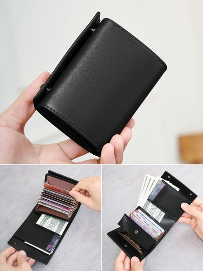 A Minimalist Tri-Fold Wallet in Black, Featuring a Business Style, Ultra-Thin Foldable Design, Secure Card Slots, And a Snap Closure