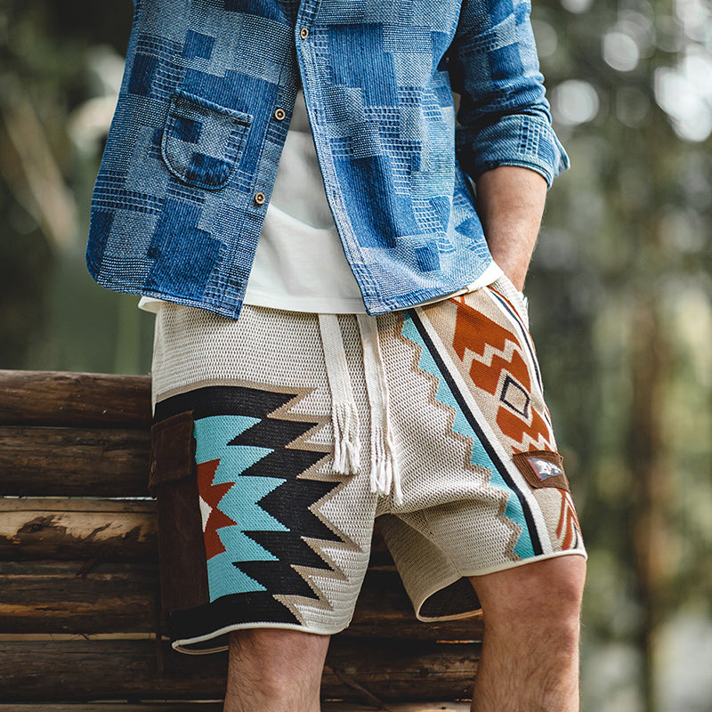 Retro Navajo knitted shorts Hawaiian ethnic style beach five-point pants