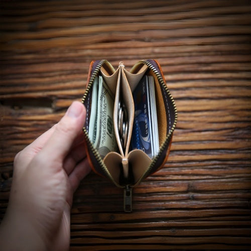 Retro Handmade Leather Zipper Wallet Card Holder