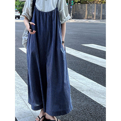 Vintage Blue Striped Loose Causal Overalls