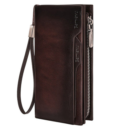 Vintage Top Layer Cowhide Leather Wallet for Men, Long Slim RFID Blocking Clutch with Zipper