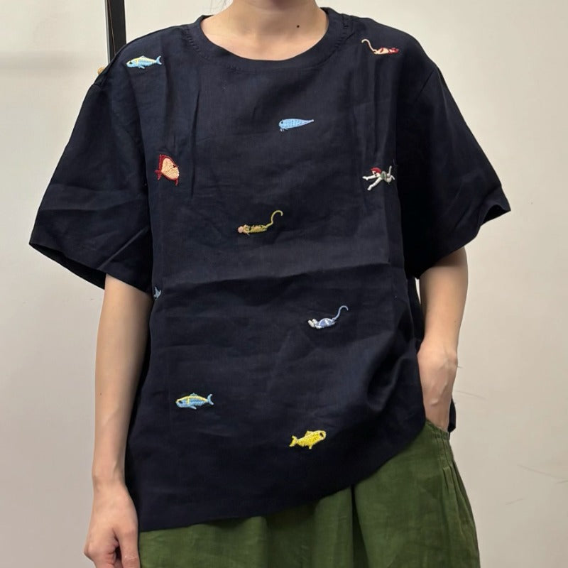 Retro Linen Embroidered Short-sleeved Top