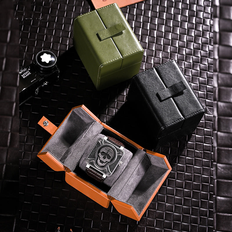 Double door watch box leather anti-fall square portable watch box