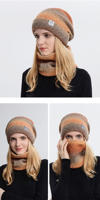 Gradient Color Thickened Knit Cap Two-piece Set