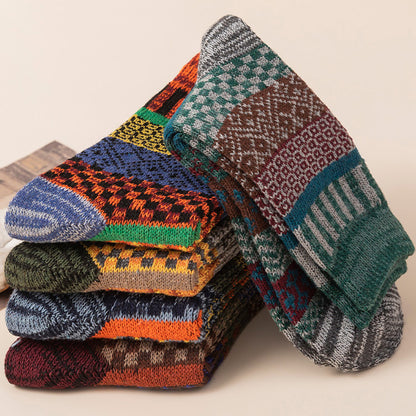 Winter colorful mid-calf socks thickened pure cotton stockings retro men's ethnic style boot socks（5 Pairs 5 color)