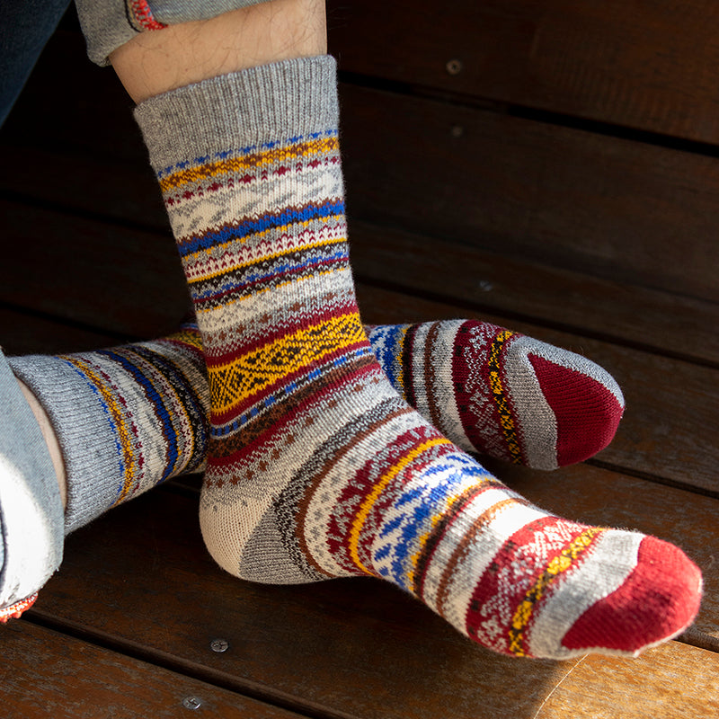 3 Pairs Winter colorful mid-calf socks thickened ethnic style boot socks