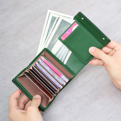 A Minimalist Tri-Fold Wallet in Black, Featuring a Business Style, Ultra-Thin Foldable Design, Secure Card Slots, And a Snap Closure