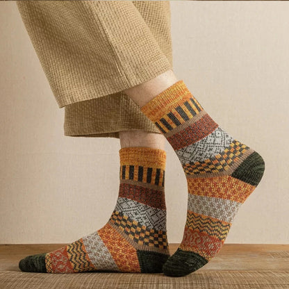 Winter colorful mid-calf socks thickened pure cotton stockings retro men's ethnic style boot socks（5 Pairs 5 color)