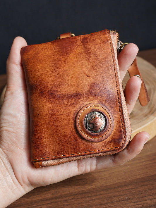 Retro Handmade Leather Zipper Wallet Coin Bag