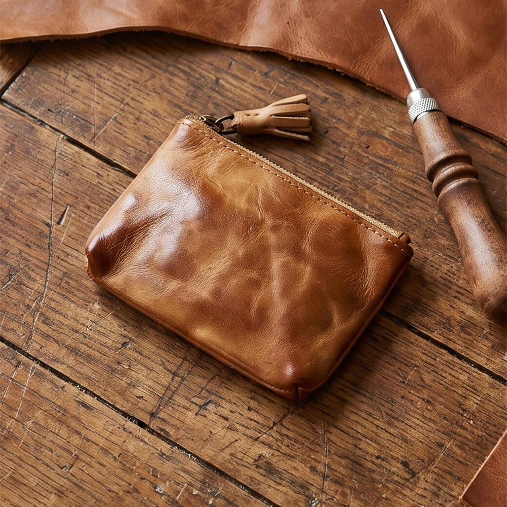 Retro Handmade Leather Zipper Wallet Coin Bag