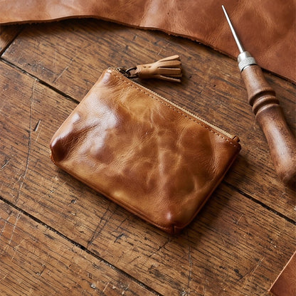 Retro Handmade Leather Zipper Wallet Coin Bag