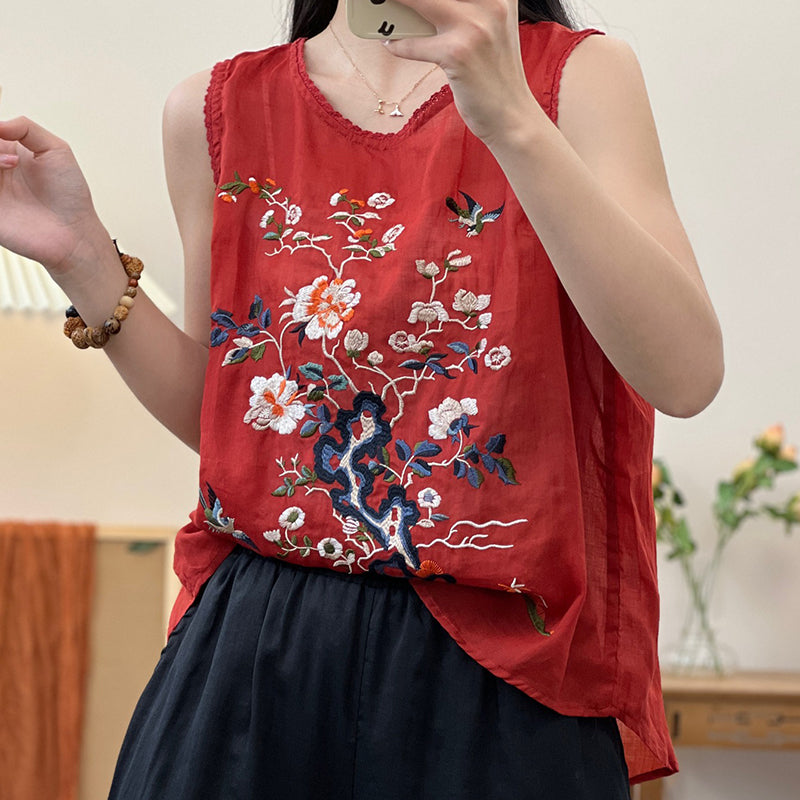 Retro Casual Ramen Flower Embroidered Vest
