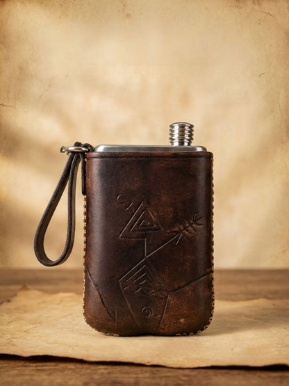 Retro Handmade Leather Portable Outdoor Travel Liquor Bottle 304 Stainless Steel