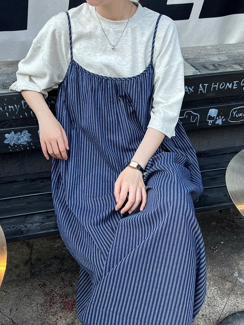 Vintage Blue Striped Loose Causal Overalls