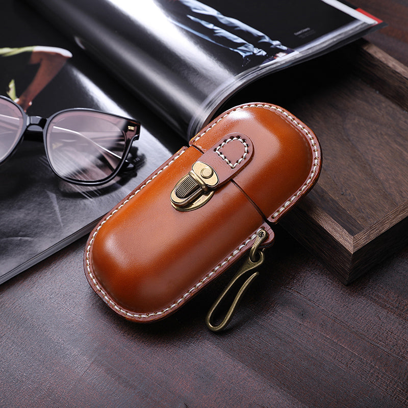 Genuine Leather Vintage Sun Glasses Box - Portable Storage Case with Hook - Eye Glass Organizer