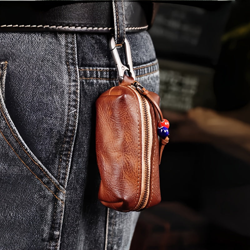 Top-grain Cowhide Vintage Zipper Key Pouch | Genuine Leather Mini Waist Bag