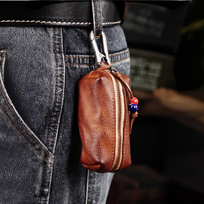 Top-grain Cowhide Vintage Zipper Key Pouch | Genuine Leather Mini Waist Bag
