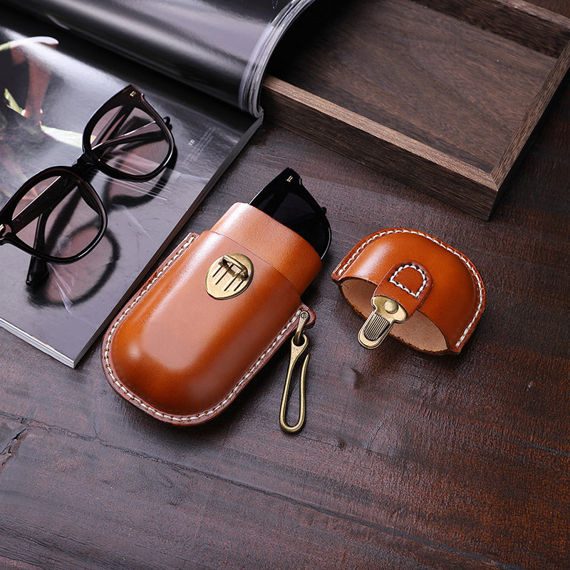 Genuine Leather Vintage Sun Glasses Box - Portable Storage Case with Hook - Eye Glass Organizer