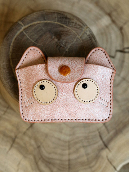 Vintage Handmade Leather Kitten Card Holder Storage Bag