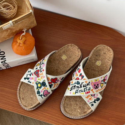 Retro Embroidered Sandals Summer Cork Soles Flat Shoe