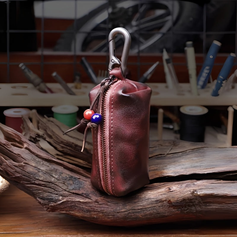 Top-grain Cowhide Vintage Zipper Key Pouch | Genuine Leather Mini Waist Bag