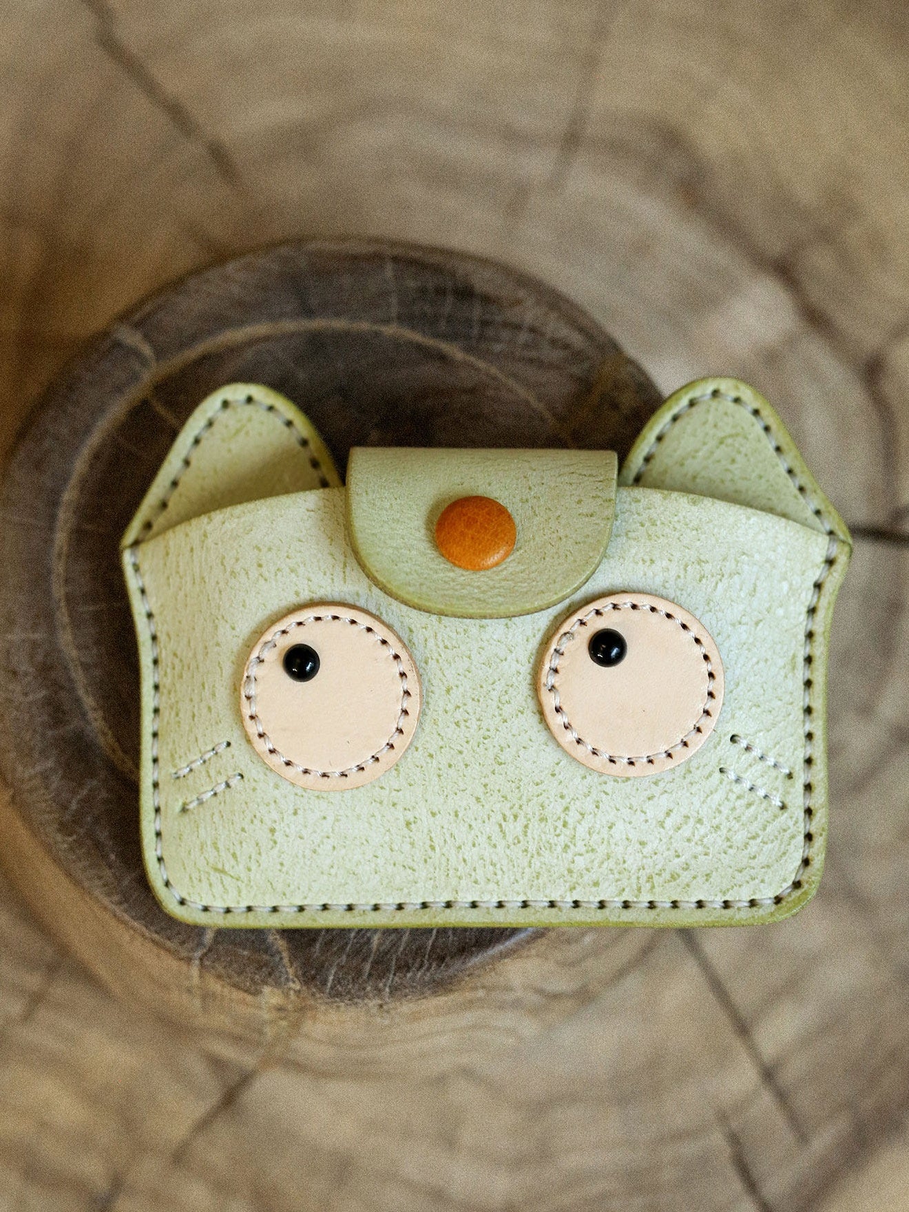 Vintage Handmade Leather Kitten Card Holder Storage Bag