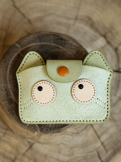 Vintage Handmade Leather Kitten Card Holder Storage Bag