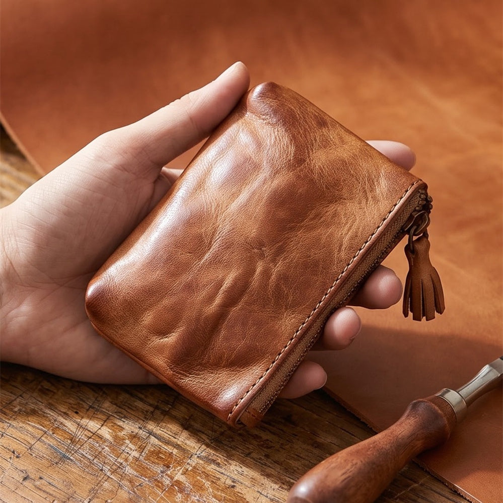 Retro Handmade Leather Zipper Wallet Coin Bag