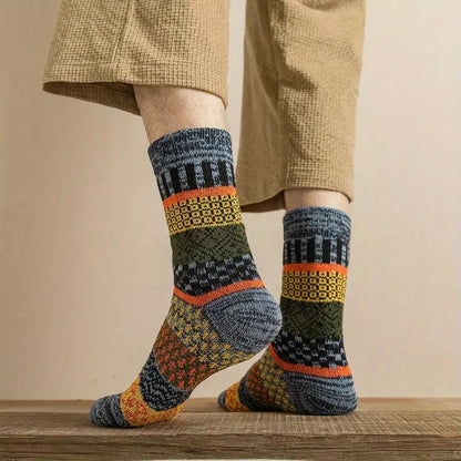 Winter colorful mid-calf socks thickened pure cotton stockings retro men's ethnic style boot socks（5 Pairs 5 color)