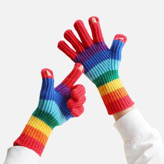 Retro Woolen Rainbow Striped Couple’s Touch Screen Gloves