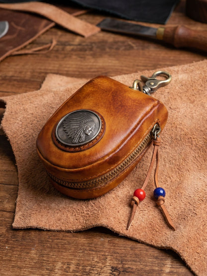 Top-grain Leather Vintage Key Pouches with Pom Pom Tassels